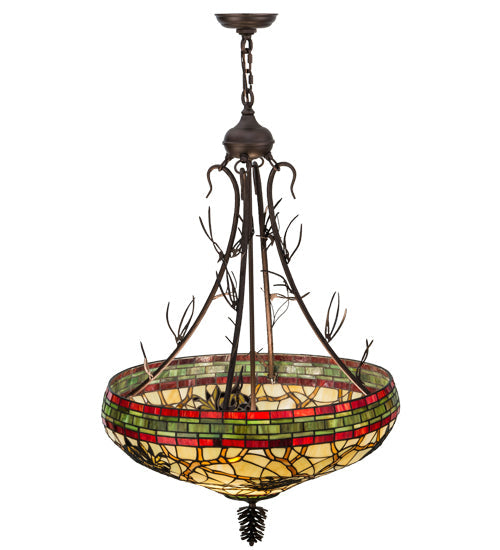 Meyda Lighting Pinecone 24" 4-Light Mahogany Bronze Inverted Pendant Light With Multi-Colored Shade Glass