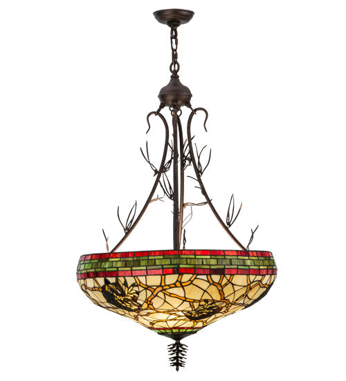 Meyda Lighting Pinecone 24" 4-Light Mahogany Bronze Inverted Pendant Light With Multi-Colored Shade Glass
