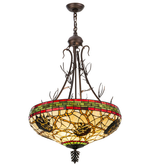 Meyda Lighting Pinecone 24" 4-Light Mahogany Bronze Inverted Pendant Light With Multi-Colored Shade Glass