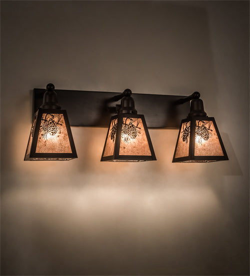 Meyda Lighting Pinecone 27" 3-Light Craftsman Brown Vanity Light With Silver Mica Shade Glass
