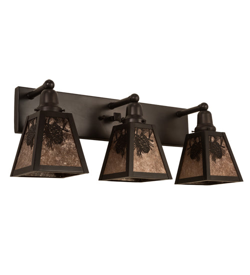 Meyda Lighting Pinecone 27" 3-Light Craftsman Brown Vanity Light With Silver Mica Shade Glass