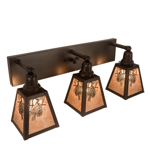 Meyda Lighting Pinecone 27" 3-Light Craftsman Brown Vanity Light With Silver Mica Shade Glass
