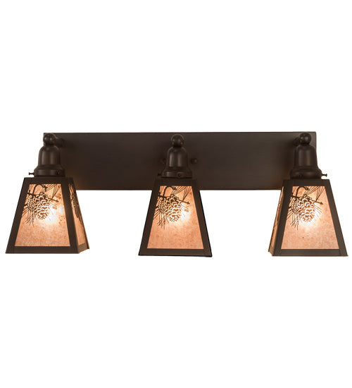 Meyda Lighting Pinecone 27" 3-Light Craftsman Brown Vanity Light With Silver Mica Shade Glass