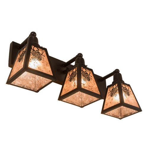 Meyda Lighting Pinecone 27" 3-Light Craftsman Brown Vanity Light With Silver Mica Shade Glass