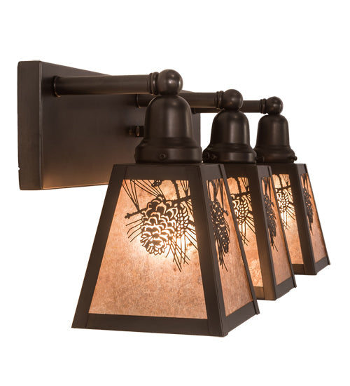 Meyda Lighting Pinecone 27" 3-Light Craftsman Brown Vanity Light With Silver Mica Shade Glass