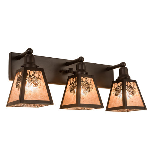 Meyda Lighting Pinecone 27" 3-Light Craftsman Brown Vanity Light With Silver Mica Shade Glass