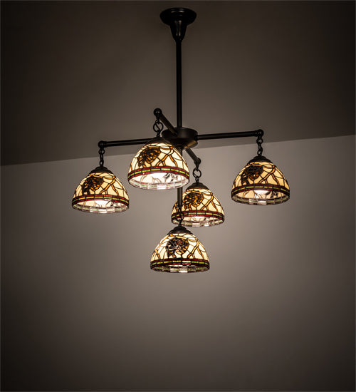 Meyda Lighting Pinecone 30" 5-Light Craftsman Brown Chandelier With Multi-Colored Shade Glass