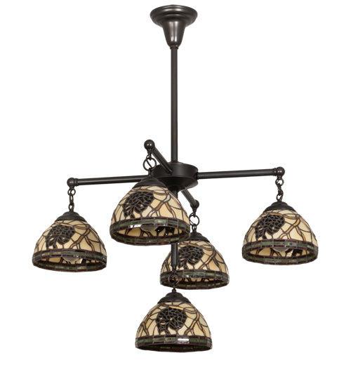 Meyda Lighting Pinecone 30" 5-Light Craftsman Brown Chandelier With Multi-Colored Shade Glass