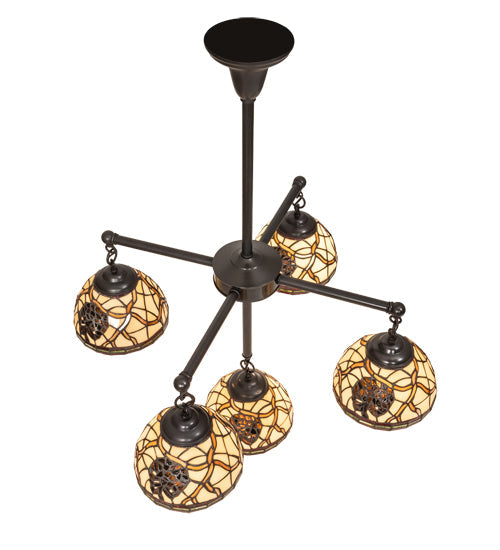 Meyda Lighting Pinecone 30" 5-Light Craftsman Brown Chandelier With Multi-Colored Shade Glass