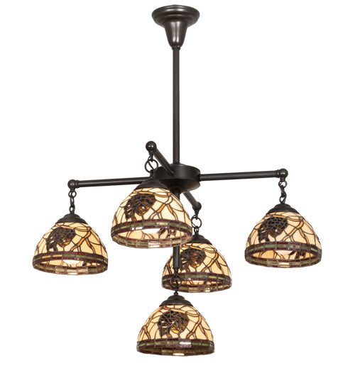 Meyda Lighting Pinecone 30" 5-Light Craftsman Brown Chandelier With Multi-Colored Shade Glass