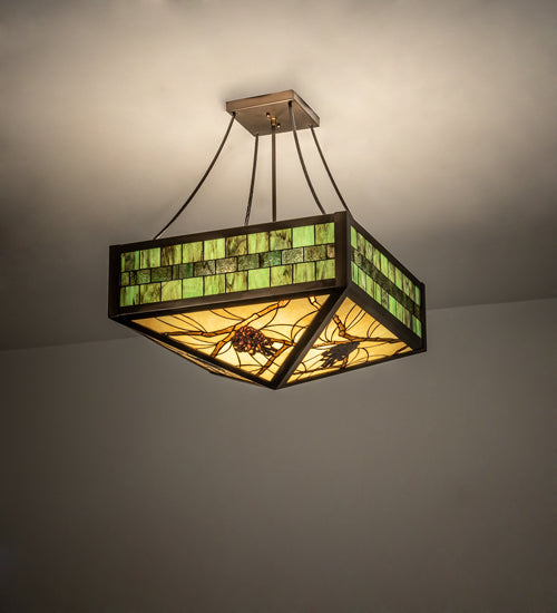 Meyda Lighting Pinecone 33" 4-Light Antique Copper Semi-flush Mount Light With Green;Multi-Colored Shade Glass