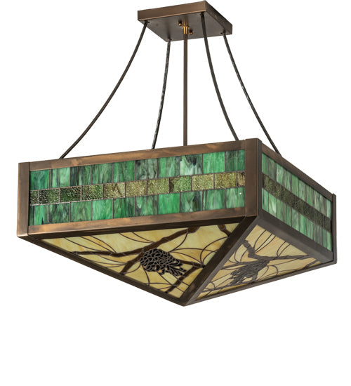 Meyda Lighting Pinecone 33" 4-Light Antique Copper Semi-flush Mount Light With Green;Multi-Colored Shade Glass