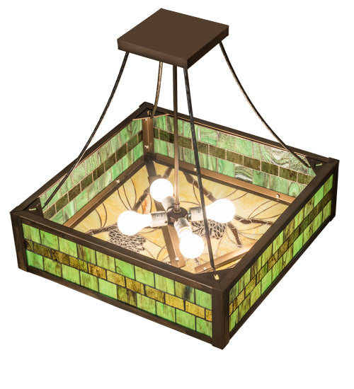 Meyda Lighting Pinecone 33" 4-Light Antique Copper Semi-flush Mount Light With Green;Multi-Colored Shade Glass