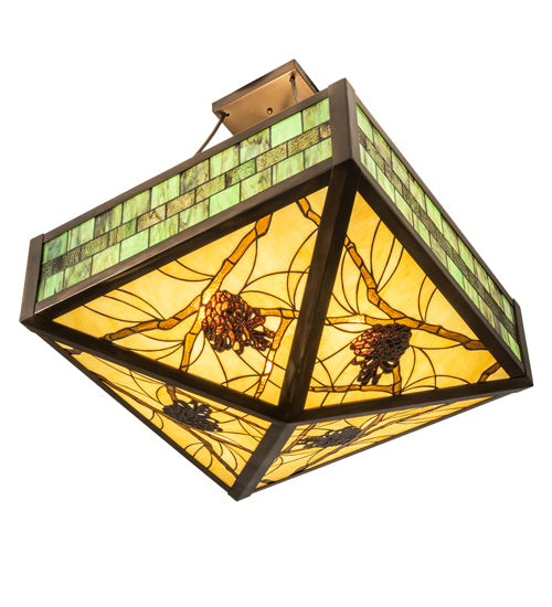 Meyda Lighting Pinecone 33" 4-Light Antique Copper Semi-flush Mount Light With Green;Multi-Colored Shade Glass