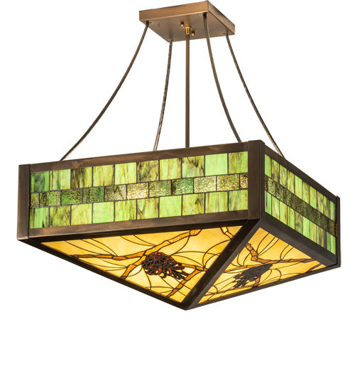 Meyda Lighting Pinecone 33" 4-Light Antique Copper Semi-flush Mount Light With Green;Multi-Colored Shade Glass