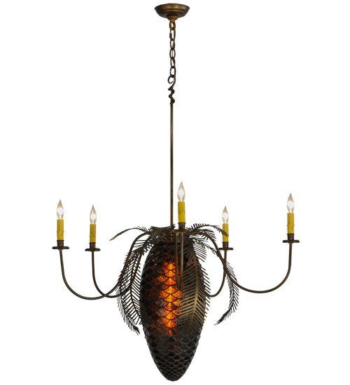 Meyda Lighting Pinecone 36" 5-Light 5-Arm Antique Copper Chandelier With Amber & Faux Candlelight Shade