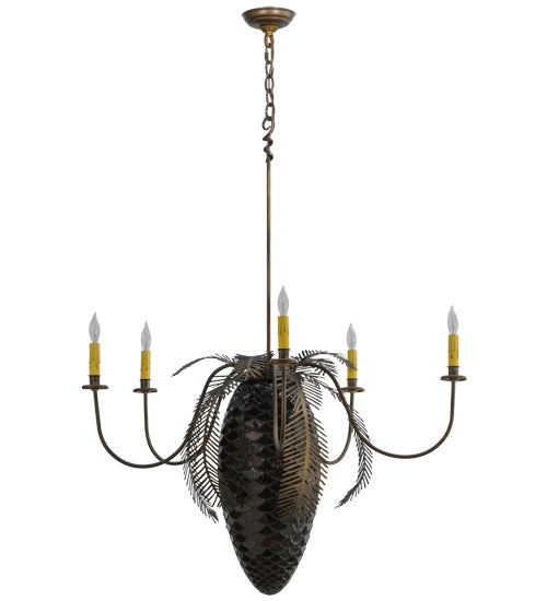 Meyda Lighting Pinecone 36" 5-Light 5-Arm Antique Copper Chandelier With Amber & Faux Candlelight Shade