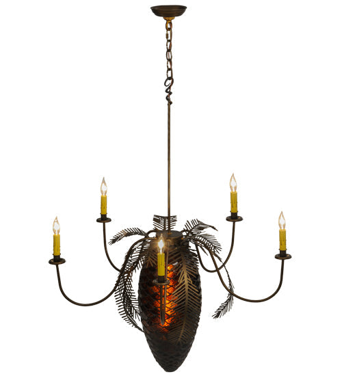 Meyda Lighting Pinecone 36" 5-Light 5-Arm Antique Copper Chandelier With Amber & Faux Candlelight Shade