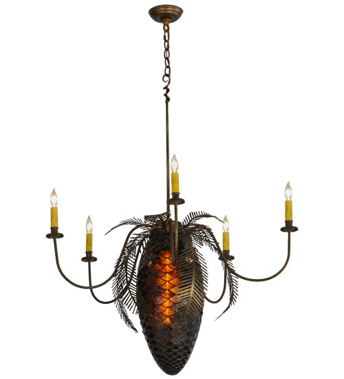 Meyda Lighting Pinecone 36" 5-Light 5-Arm Antique Copper Chandelier With Amber & Faux Candlelight Shade