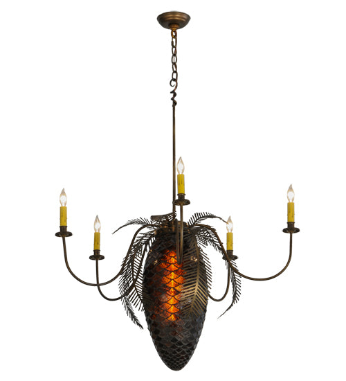 Meyda Lighting Pinecone 36" 5-Light 5-Arm Antique Copper Chandelier With Amber & Faux Candlelight Shade