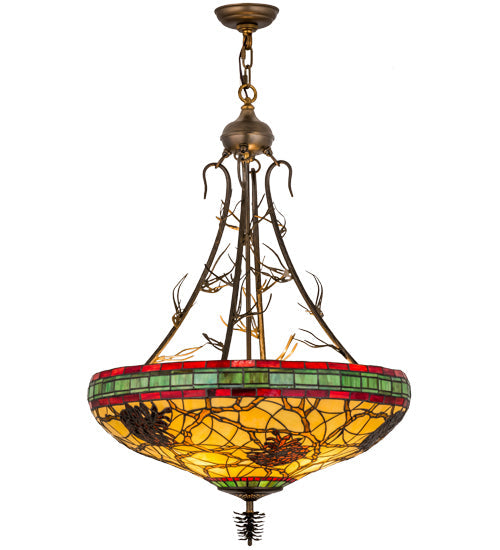 Meyda Lighting Pinecone 68068 24" 4-Light Antique Copper Inverted Pendant Light With Multi-Colored Shade Glass