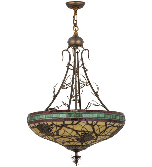 Meyda Lighting Pinecone 68068 24" 4-Light Antique Copper Inverted Pendant Light With Multi-Colored Shade Glass