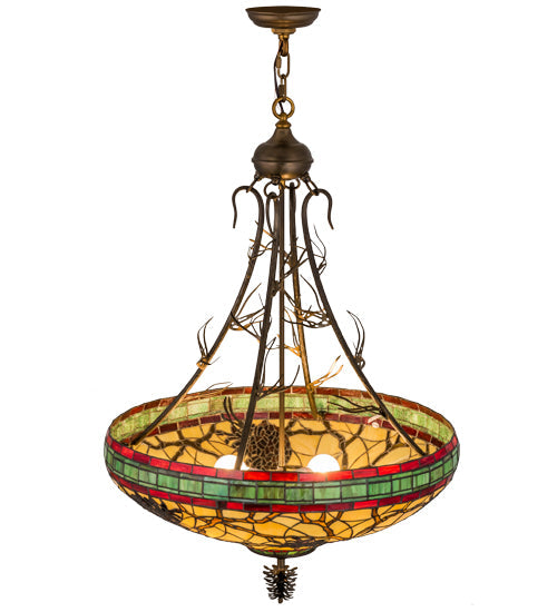Meyda Lighting Pinecone 68068 24" 4-Light Antique Copper Inverted Pendant Light With Multi-Colored Shade Glass