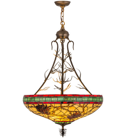 Meyda Lighting Pinecone 68068 24" 4-Light Antique Copper Inverted Pendant Light With Multi-Colored Shade Glass