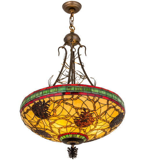 Meyda Lighting Pinecone 68068 24" 4-Light Antique Copper Inverted Pendant Light With Multi-Colored Shade Glass