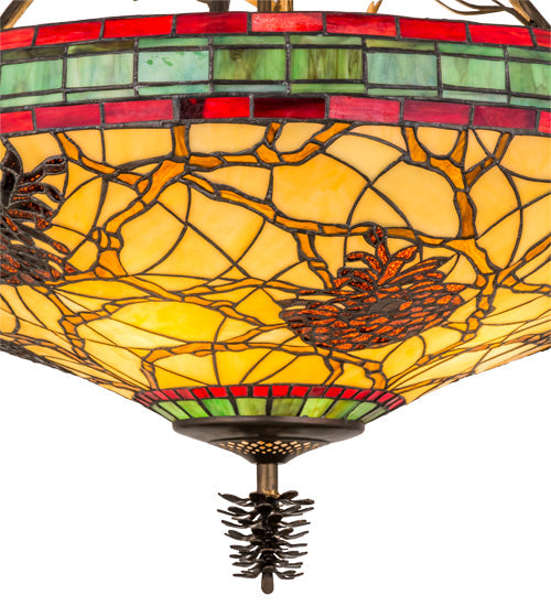 Meyda Lighting Pinecone 68068 24" 4-Light Antique Copper Inverted Pendant Light With Multi-Colored Shade Glass