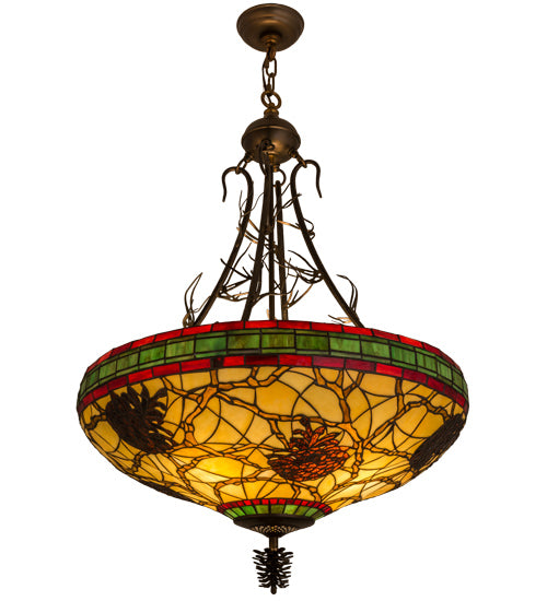 Meyda Lighting Pinecone 68068 24" 4-Light Antique Copper Inverted Pendant Light With Multi-Colored Shade Glass
