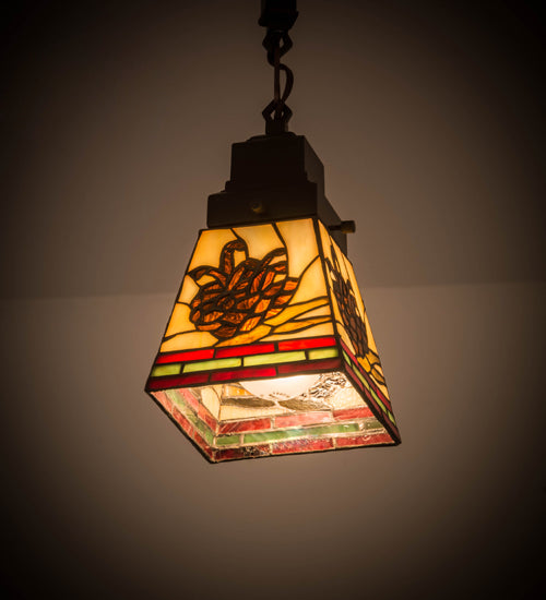 Meyda Lighting Pinecone 7" Mahogany Bronze Mission Mini Pendant Light With Multi-Colored Shade Glass