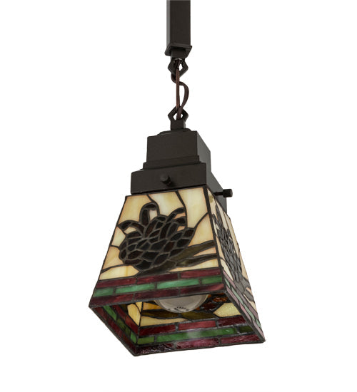 Meyda Lighting Pinecone 7" Mahogany Bronze Mission Mini Pendant Light With Multi-Colored Shade Glass