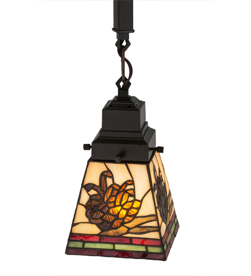 Meyda Lighting Pinecone 7" Mahogany Bronze Mission Mini Pendant Light With Multi-Colored Shade Glass