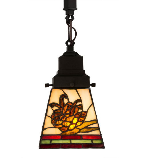 Meyda Lighting Pinecone 7" Mahogany Bronze Mission Mini Pendant Light With Multi-Colored Shade Glass