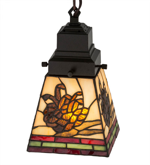 Meyda Lighting Pinecone 7" Mahogany Bronze Mission Mini Pendant Light With Multi-Colored Shade Glass