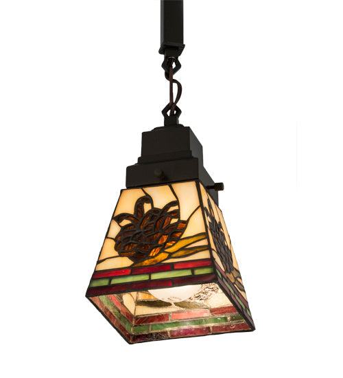 Meyda Lighting Pinecone 7" Mahogany Bronze Mission Mini Pendant Light With Multi-Colored Shade Glass
