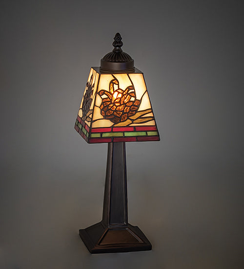 Meyda Lighting Pinecone Mission 15" Mahogany Bronze Mini Table Lamp With Multi-Colored Stained Shade Glass