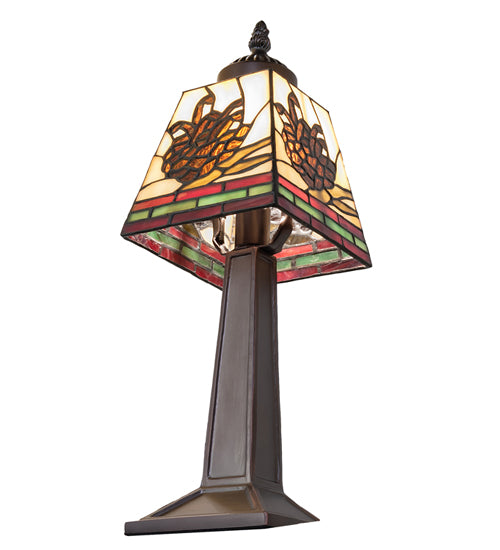 Meyda Lighting Pinecone Mission 15" Mahogany Bronze Mini Table Lamp With Multi-Colored Stained Shade Glass