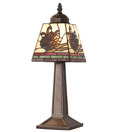 Meyda Lighting Pinecone Mission 15" Mahogany Bronze Mini Table Lamp With Multi-Colored Stained Shade Glass