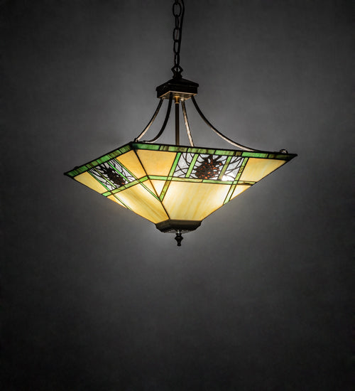 Meyda Lighting Pinecone Ridge 17" 4-Light Antique Copper Inverted Pendant Light With Multi-Colored Shade Glass