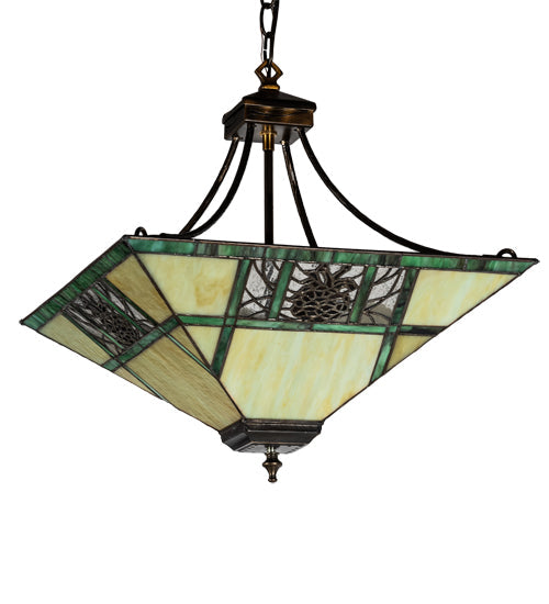 Meyda Lighting Pinecone Ridge 17" 4-Light Antique Copper Inverted Pendant Light With Multi-Colored Shade Glass