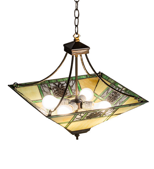 Meyda Lighting Pinecone Ridge 17" 4-Light Antique Copper Inverted Pendant Light With Multi-Colored Shade Glass