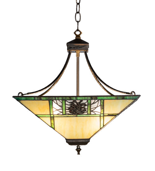 Meyda Lighting Pinecone Ridge 17" 4-Light Antique Copper Inverted Pendant Light With Multi-Colored Shade Glass