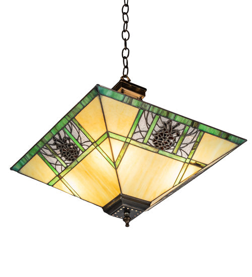 Meyda Lighting Pinecone Ridge 17" 4-Light Antique Copper Inverted Pendant Light With Multi-Colored Shade Glass