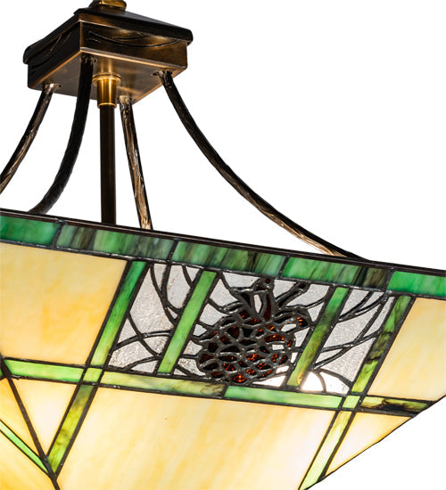 Meyda Lighting Pinecone Ridge 17" 4-Light Antique Copper Inverted Pendant Light With Multi-Colored Shade Glass