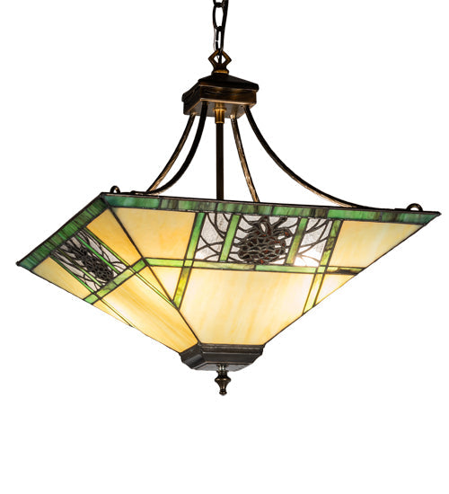Meyda Lighting Pinecone Ridge 17" 4-Light Antique Copper Inverted Pendant Light With Multi-Colored Shade Glass