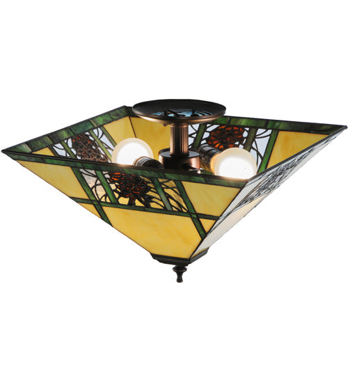 Meyda Lighting Pinecone Ridge 20" 2-Light Mahogany Bronze Flush Mount Light With Multi-Colored Shade Glass