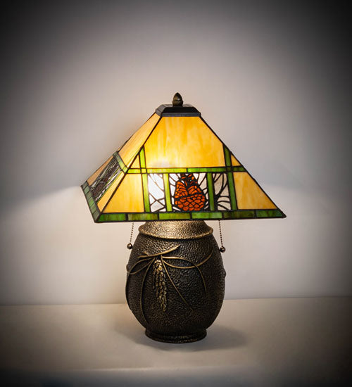 Meyda Lighting Pinecone Ridge 20" 2-Light Mahogany Bronze Table Lamp With Multi-Colored Stained Shade Glass