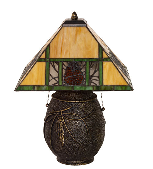 Meyda Lighting Pinecone Ridge 20" 2-Light Mahogany Bronze Table Lamp With Multi-Colored Stained Shade Glass
